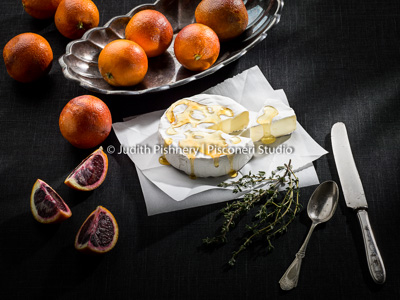 food photography, brie, blood oranges, thyme