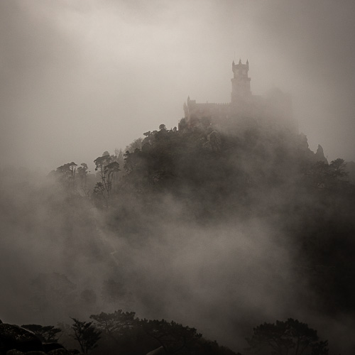 pena palace, portugal in the fog